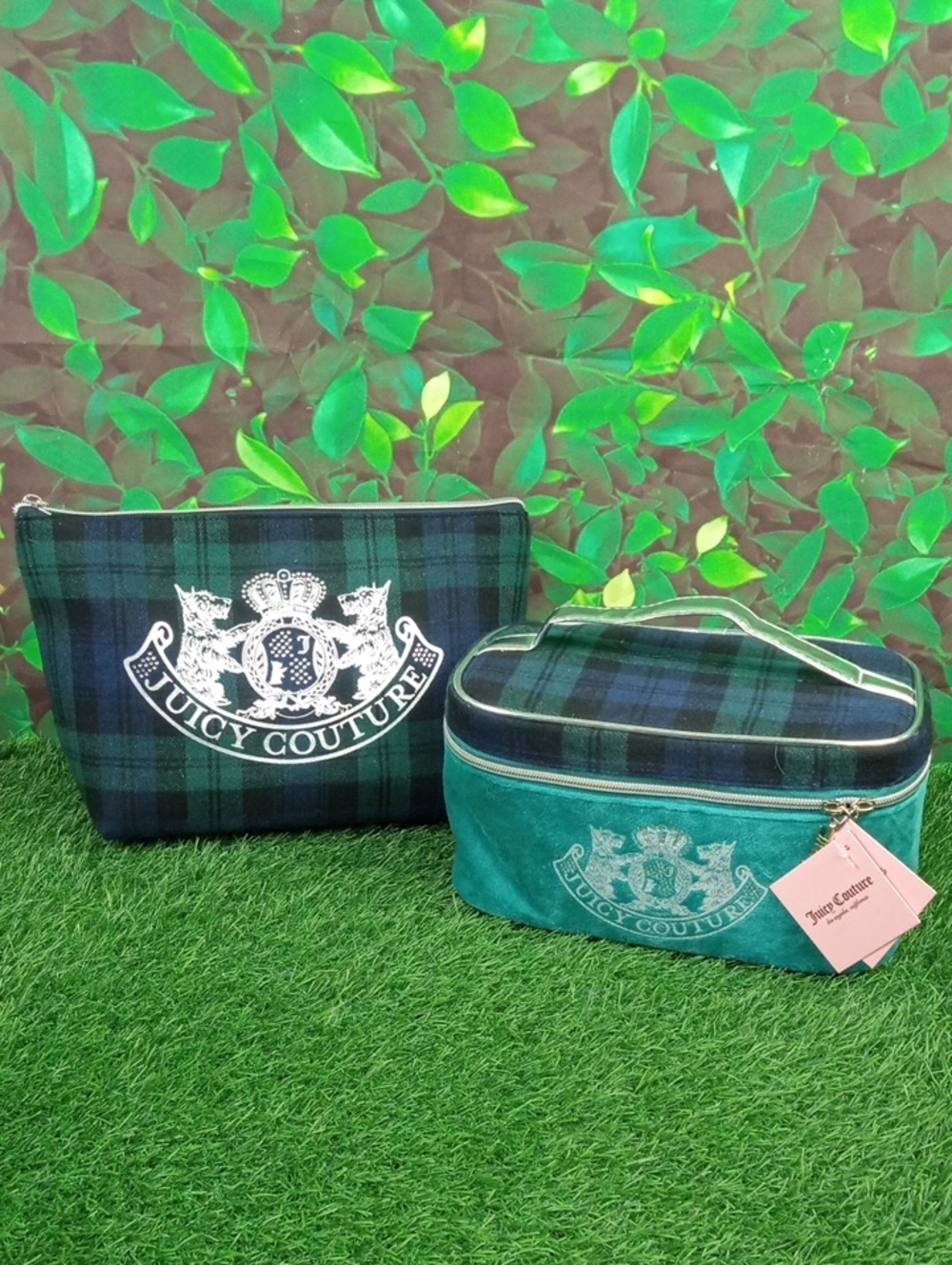Juicy Couture Teal & Navy Plaid Travel Pouch Set